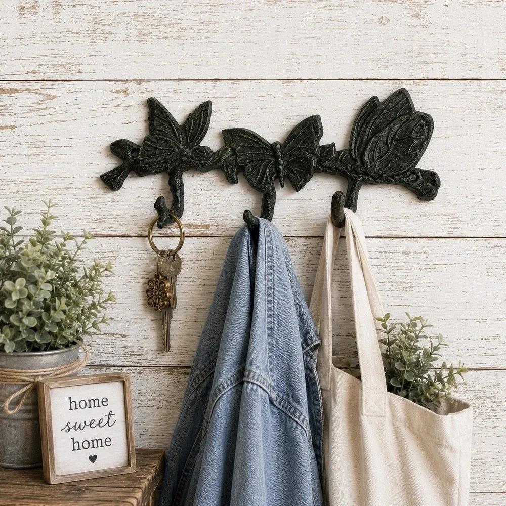 VTG Cast Iron Butterfly Wall 3 Hook Rack Rustic Garden Farmhouse Boho Decor 10